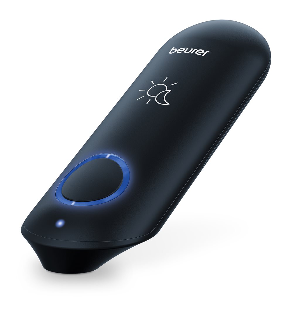 Black Beurer Insect Bite Healer with a smooth, ergonomic design, featuring a blue LED indicator and a sun/moon symbol for day/night use.
