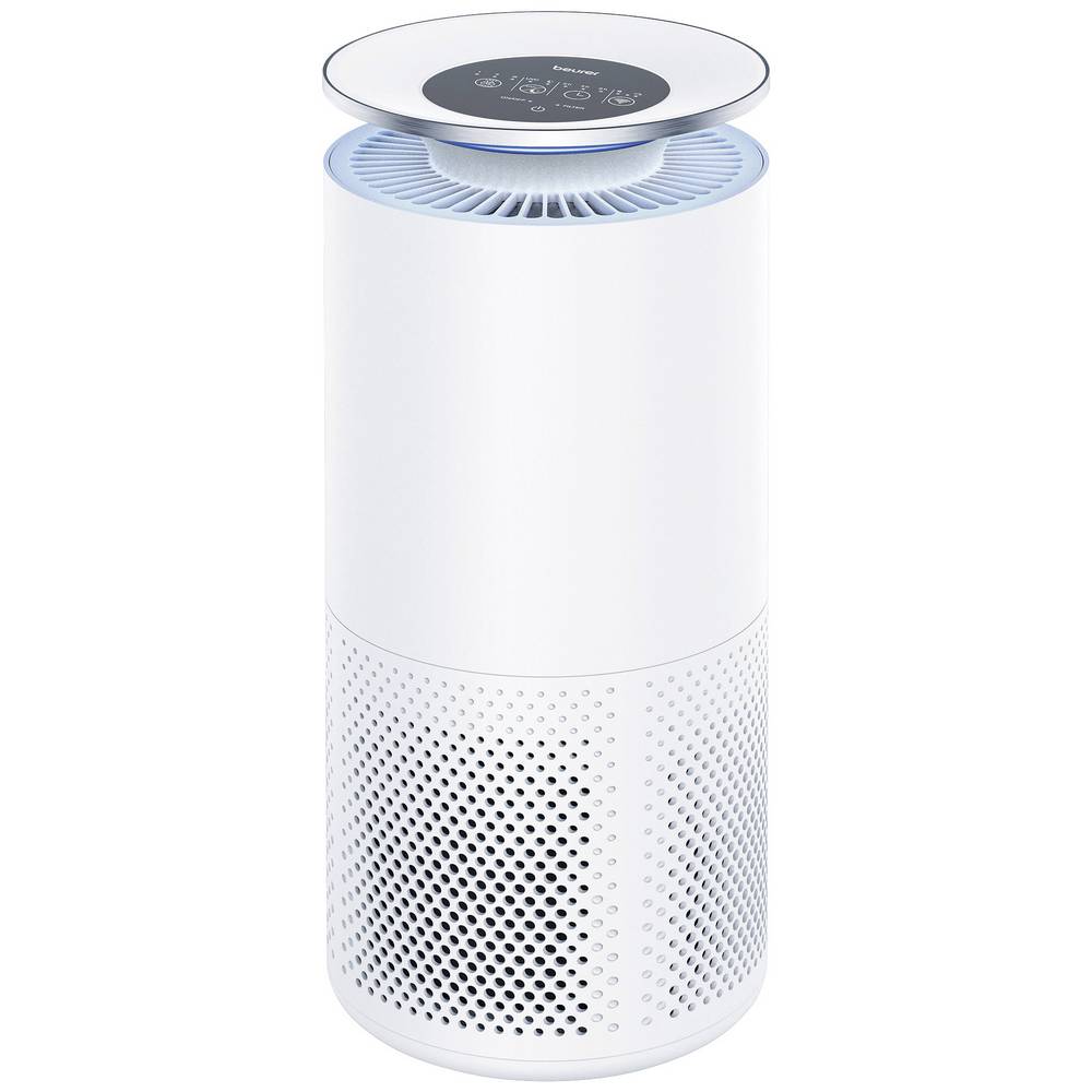 White cylindrical air purifier with a sleek design, featuring a top control panel, a 3-layer HEPA filter, and a perforated lower section for air intake.