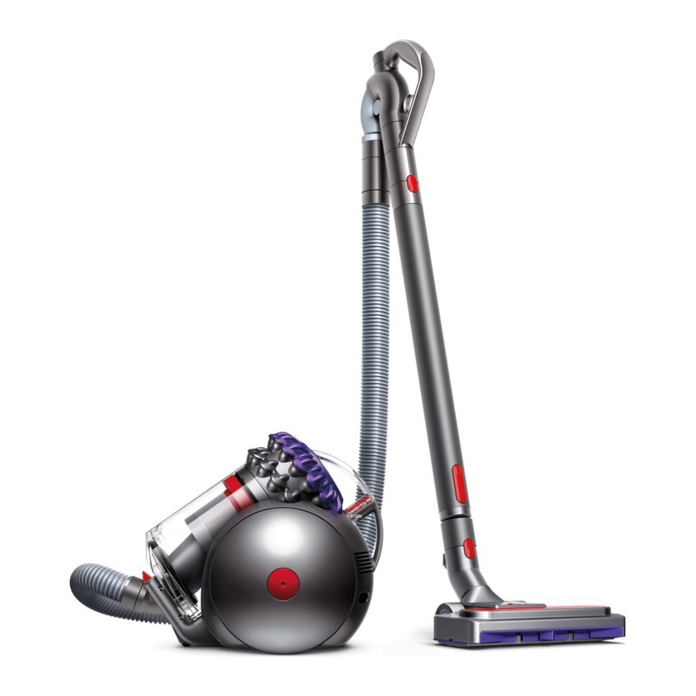 Dyson Big Ball Animal 2 bagless cylinder vacuum cleaner in grey, featuring a spherical design, purple and red accents, and a flexible hose with a cleaning head attachment.