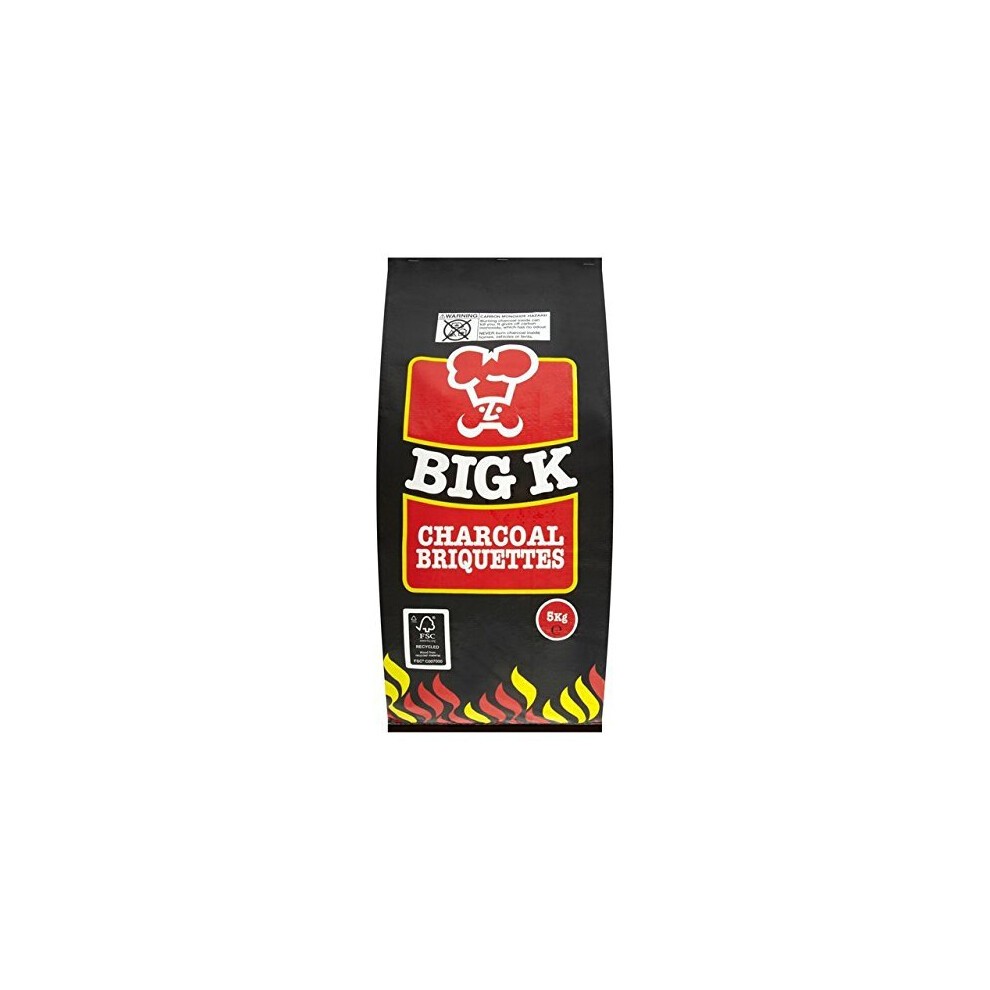 Black bag of Big K BBQ Charcoal Briquettes, 5 Kg, featuring a red logo with a cartoon character, flames graphic at the bottom, and clear product labeling.