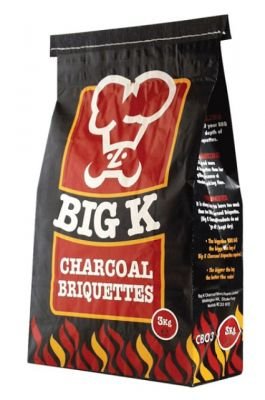 Black bag with red and white graphics, featuring the Big K logo, labeled "Charcoal Briquettes - 5kg" with a flame design at the bottom.
