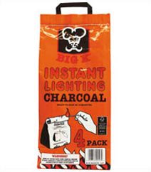 Bright orange bag featuring a cartoon mouse logo, labeled "Big K Instant Lighting Charcoal," with a handle, showcasing a 1kg pack of 4, made from FSC certified lumpwood charcoal.