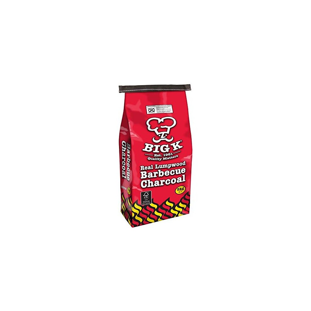 Red and yellow bag of Big K Lumpwood Charcoal, 5kg, featuring a cartoon chef logo and bold text stating "Real Lumpwood Barbecue Charcoal" with a colorful zigzag pattern at the bottom.
