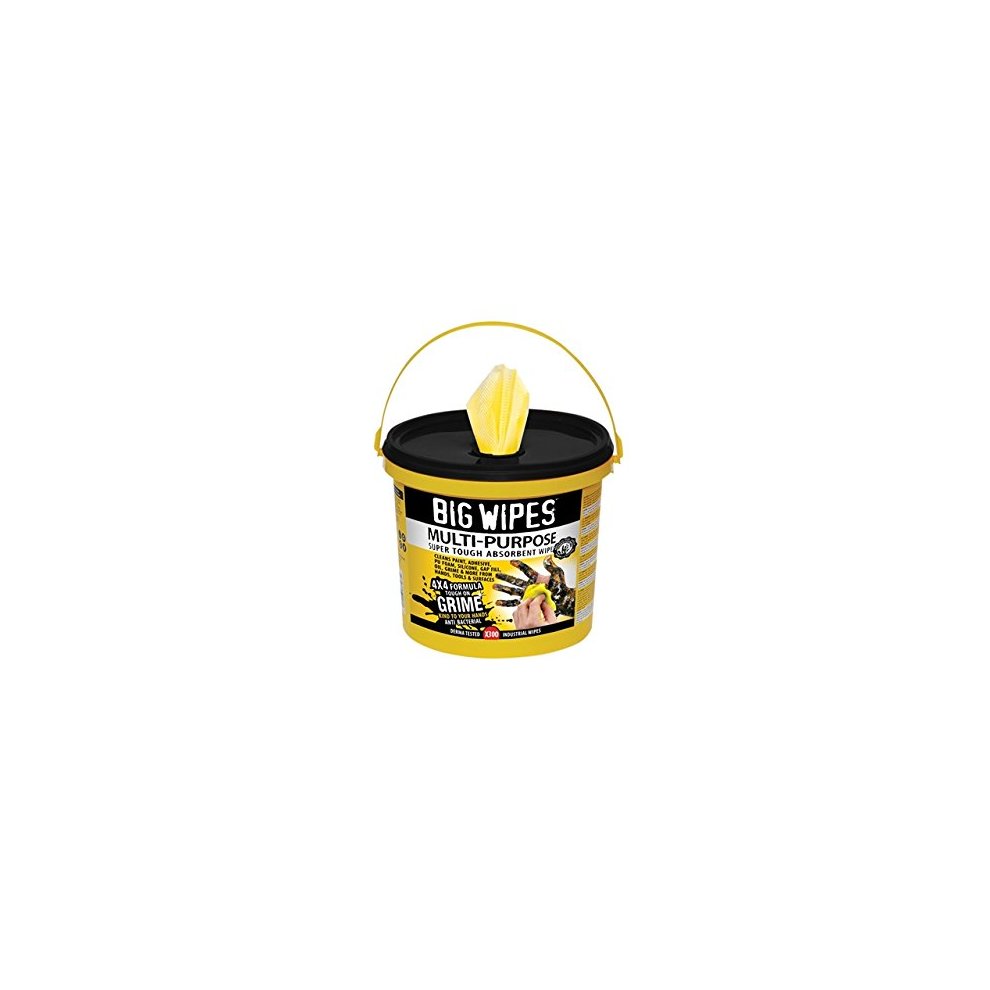 Yellow bucket containing 300 antiviral multi-purpose wipes, featuring a black lid and handle, labeled with "Big Wipes" and details about cleaning grime and antibacterial properties.