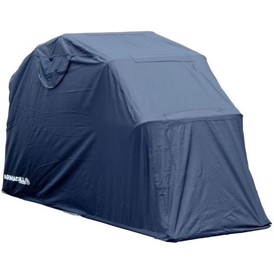 Black Armadillo Motorcycle Garage Shelter by Bike-It, featuring a durable fabric cover, small size (270cm x 105cm x 155cm), and a sleek design for motorcycle protection.