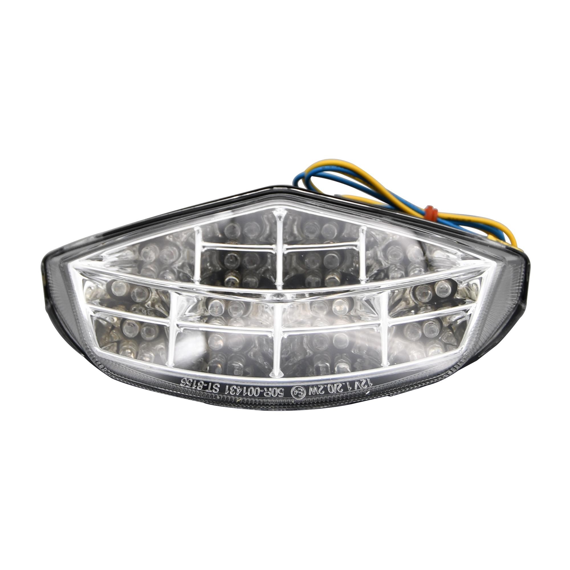 LED rear tail light with clear lens, featuring integral indicators, designed for Ducati Monster 696 (2008-2013), with a sleek black housing and multiple bright LED bulbs.