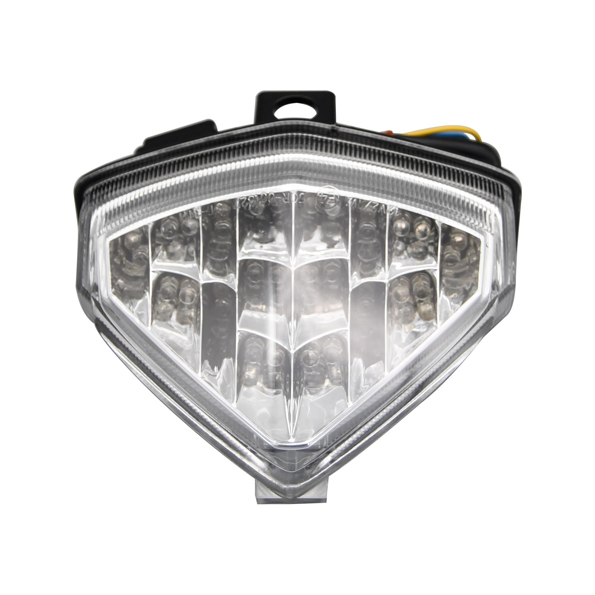 LED rear tail light featuring a clear lens with integral indicators, designed for Honda CB1000R models from 2008 to 2012, showcasing a sleek triangular shape and multiple light segments.