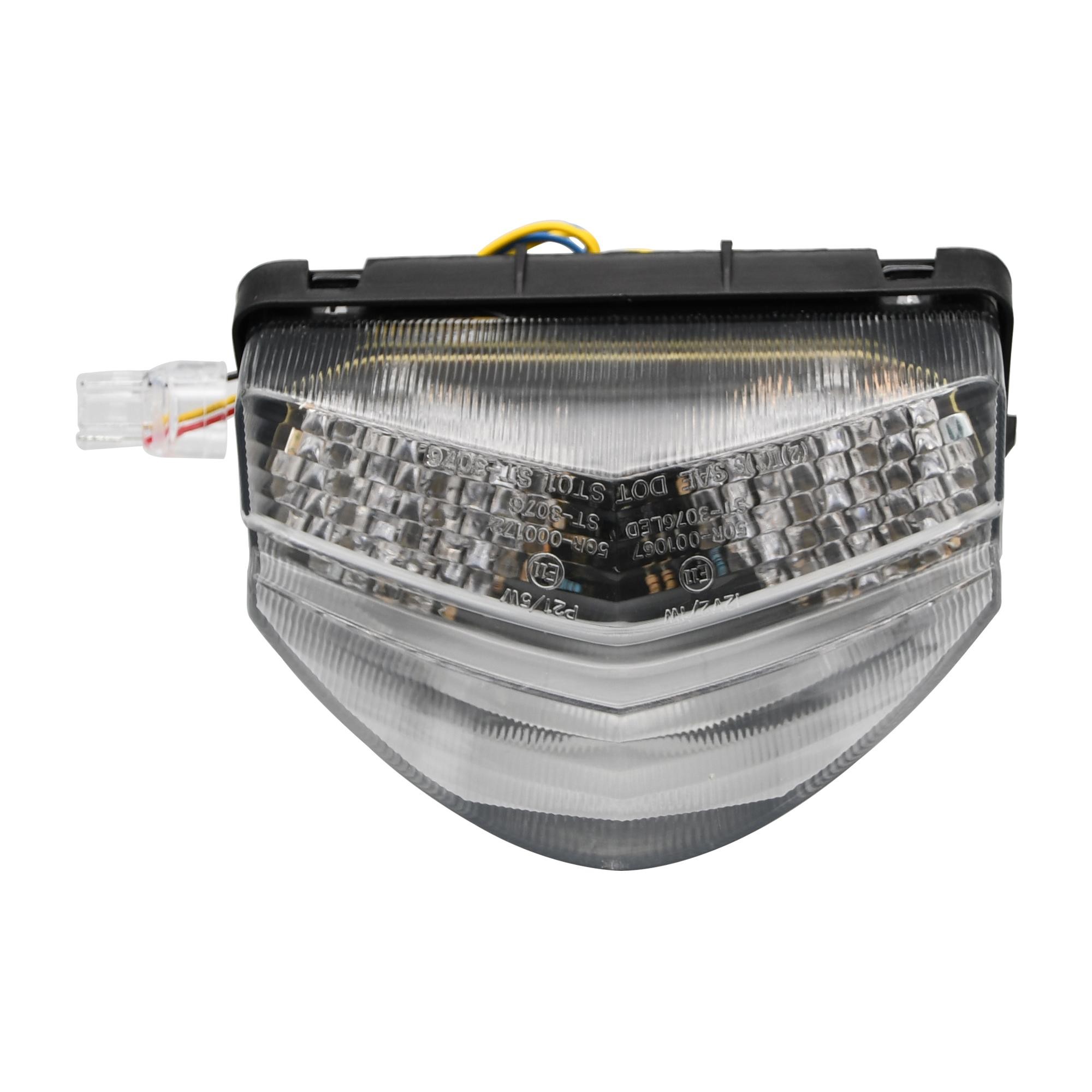 LED rear tail light with a clear lens and integral indicators, featuring a sleek design, suitable for Honda CBR600F Sport models from 2001 to 2003.