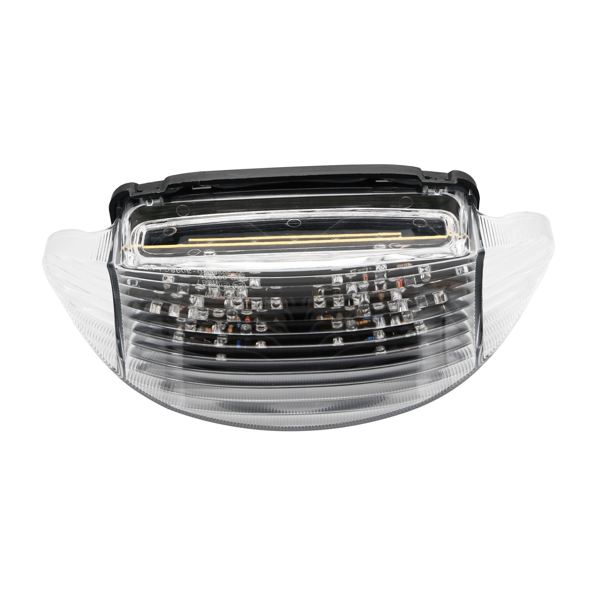 LED rear tail light with clear lens, featuring integral indicators, designed for Honda CBR600F models from 1997-98, showcasing a sleek, modern design with multiple light elements.