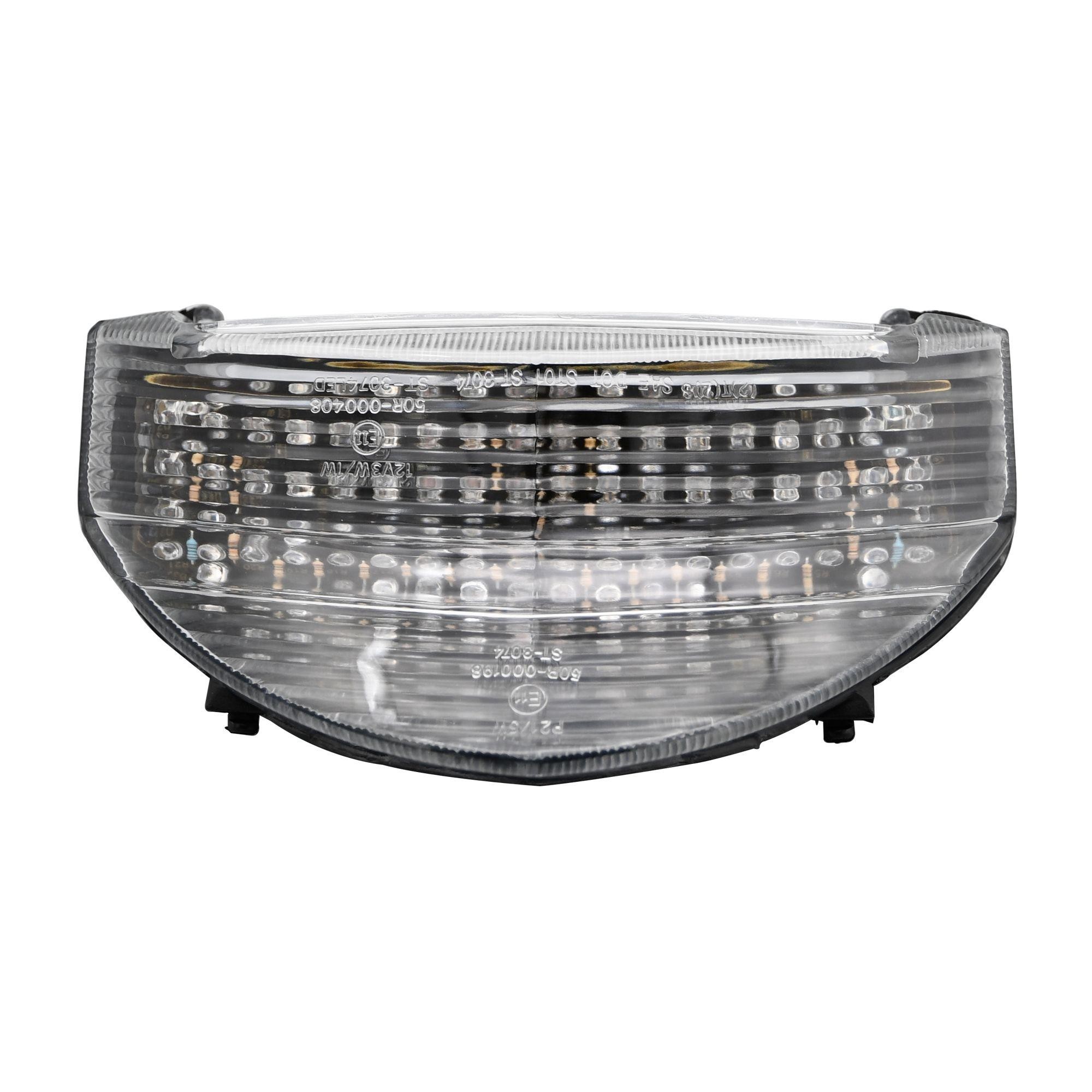LED rear tail light with clear lens and integral indicators, featuring a sleek black housing and multiple bright LED bulbs, designed for Honda CBR900RR 2001 model.