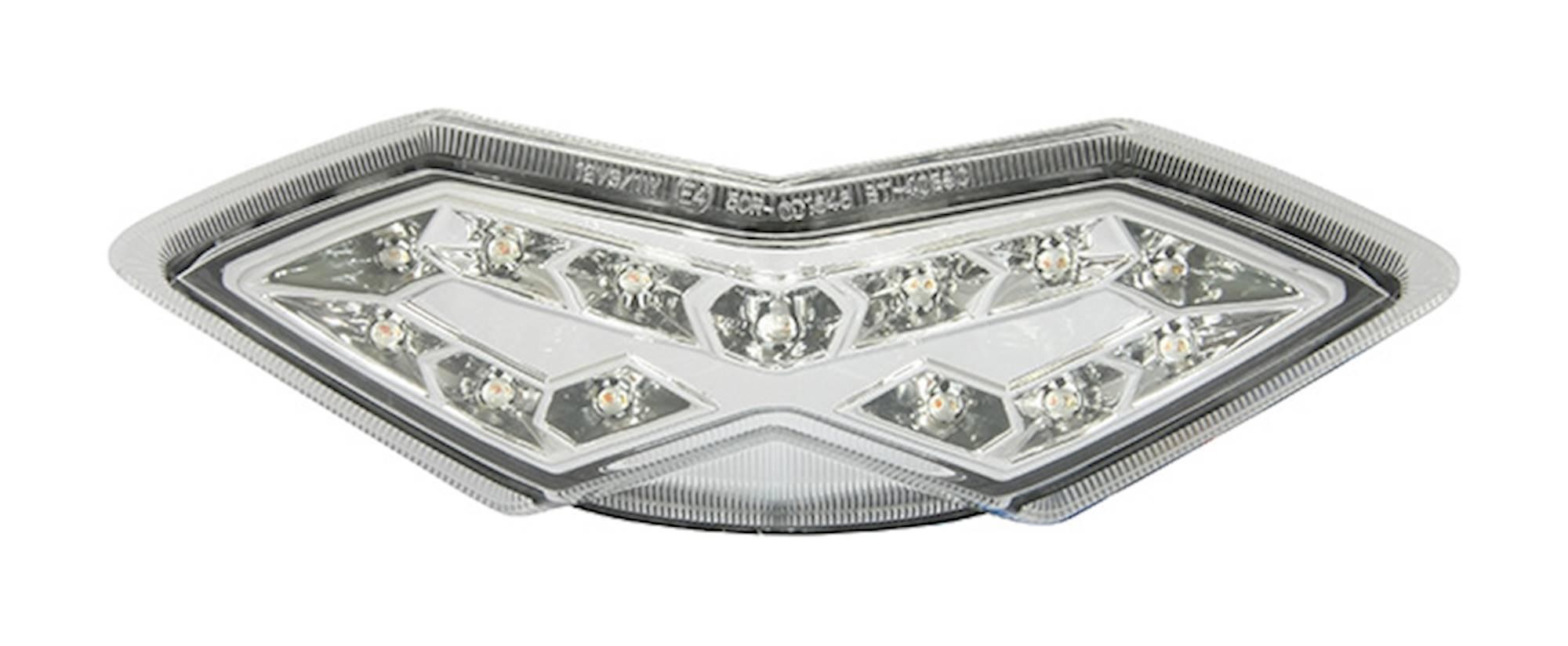 LED rear tail light featuring a clear lens with integral indicators, designed for Kawasaki Z1000 SX 2014-15, showcasing a sleek, angular shape and multiple bright LED bulbs.