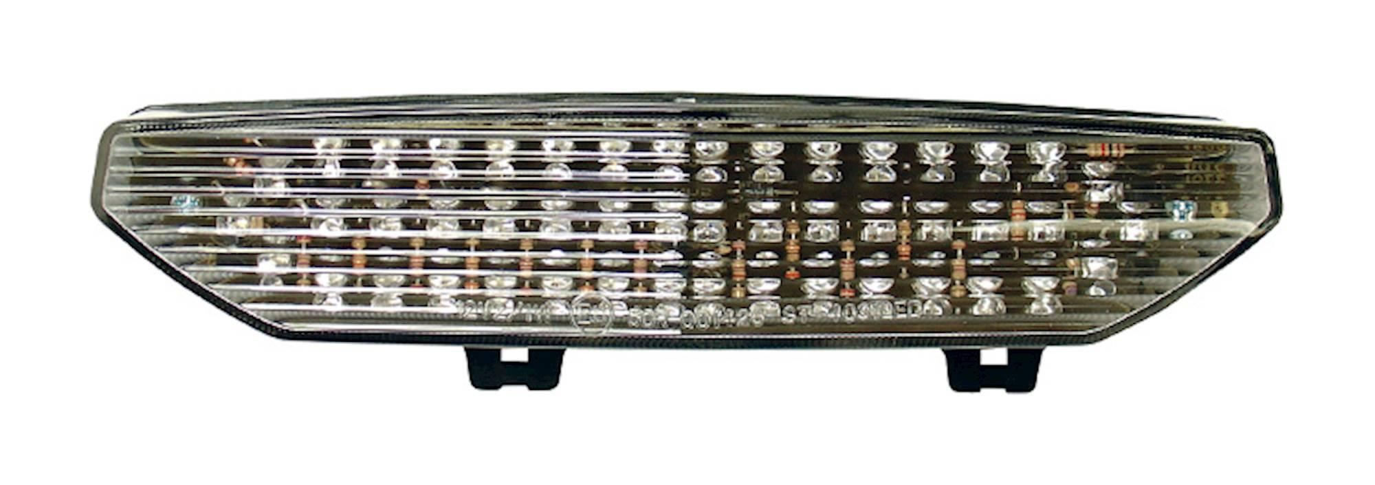 LED rear tail light with clear lens, featuring multiple bright LEDs arranged in a grid pattern, designed for Kawasaki ZX-6R Ninja 2007-08, with integral indicators.