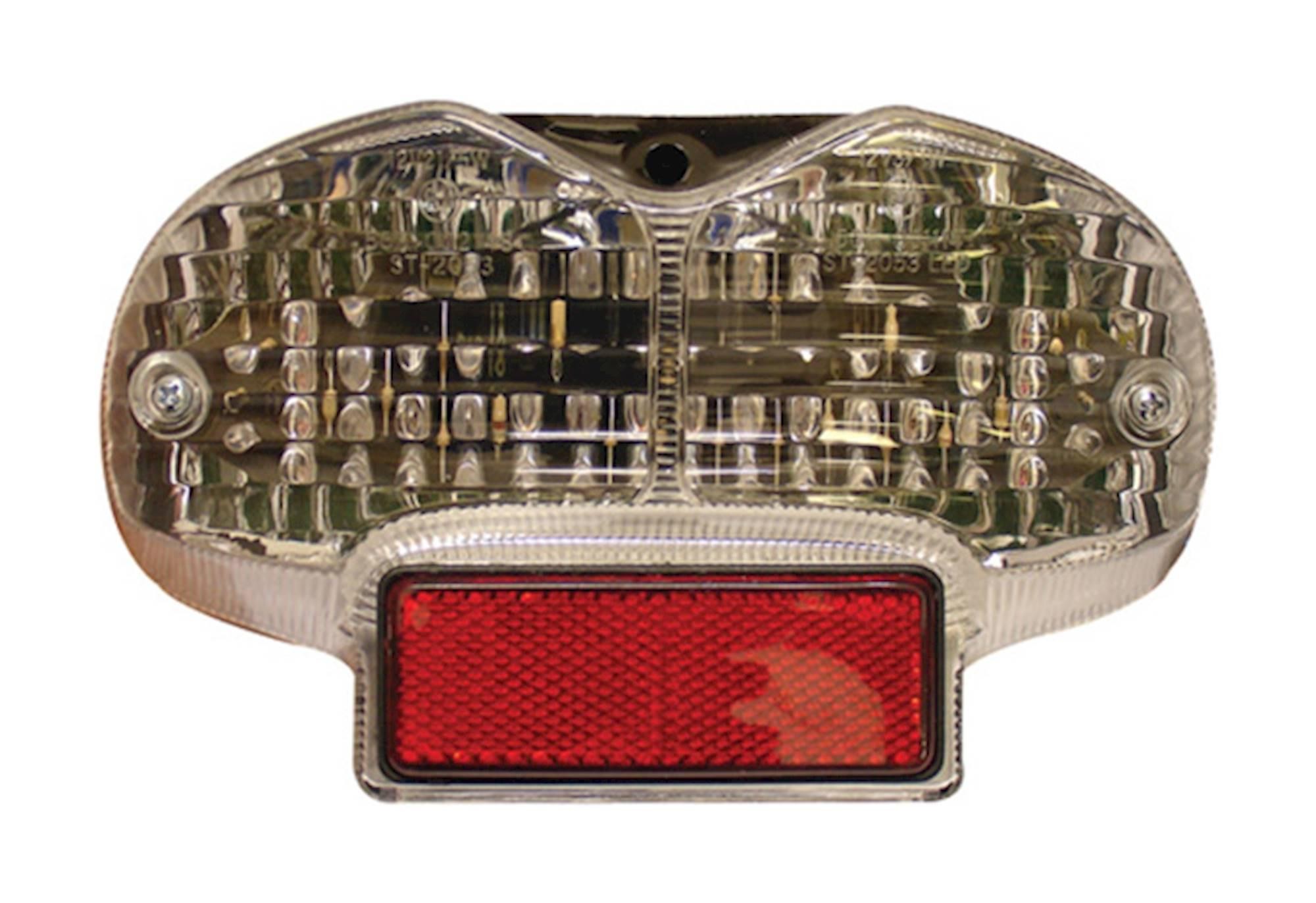 LED rear tail light featuring a clear lens with integral indicators, designed for Suzuki GSF1200 Bandit (2000-07), showcasing a red reflective section and a durable plastic housing.
