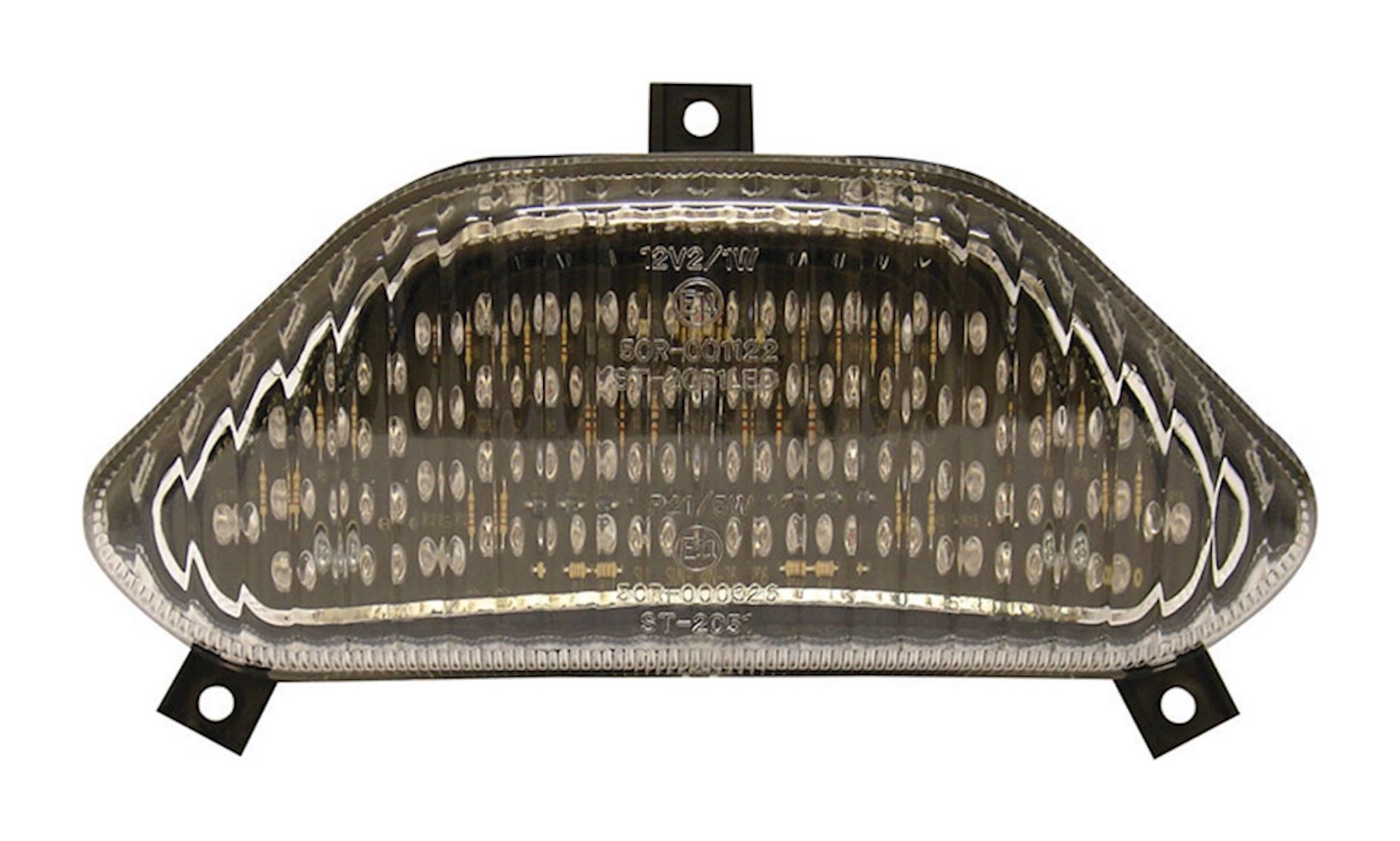 LED rear tail light with a clear lens, featuring integral indicators, designed for Suzuki GSF1200 S Bandit models from 1996 to 2000, showcasing a sleek, modern design.