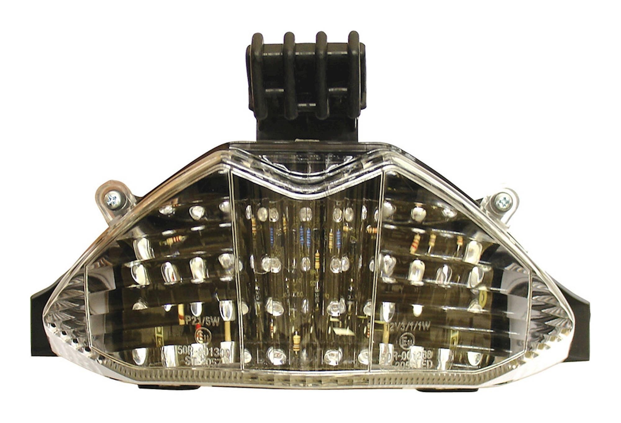 LED rear tail light with clear lens and integral indicators, featuring a black mounting base and multiple bright LED bulbs, designed for Suzuki GSF650 S Bandit models from 2005 to 2008.