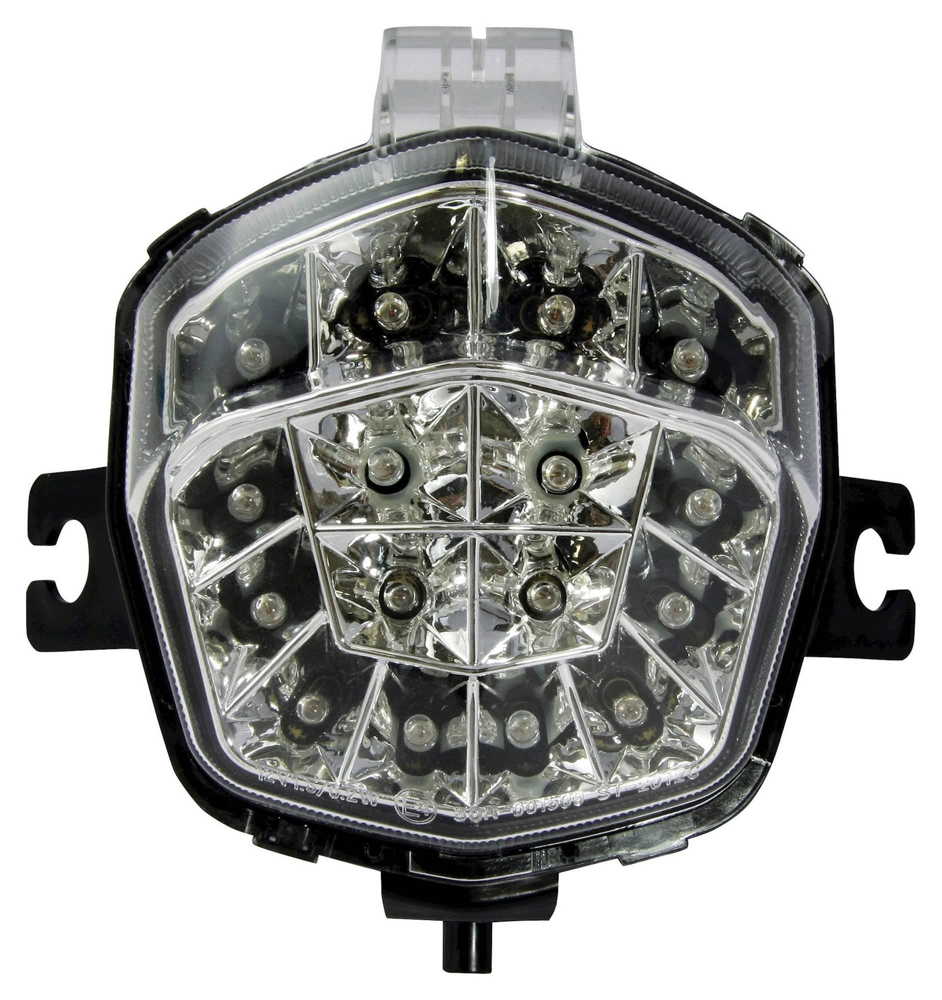 LED rear tail light with a clear lens and integral indicators, featuring a black plastic housing and multiple bright LED bulbs, designed for Suzuki GSF650 Bandit 2009-10 models.