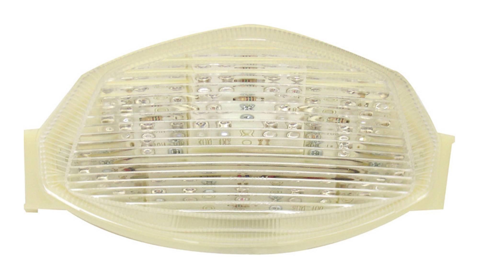 LED rear tail light with a clear lens, featuring integral indicators, designed for Suzuki GSX-R1000 models from 2005-2006, showcasing a hexagonal shape and multiple light sections.