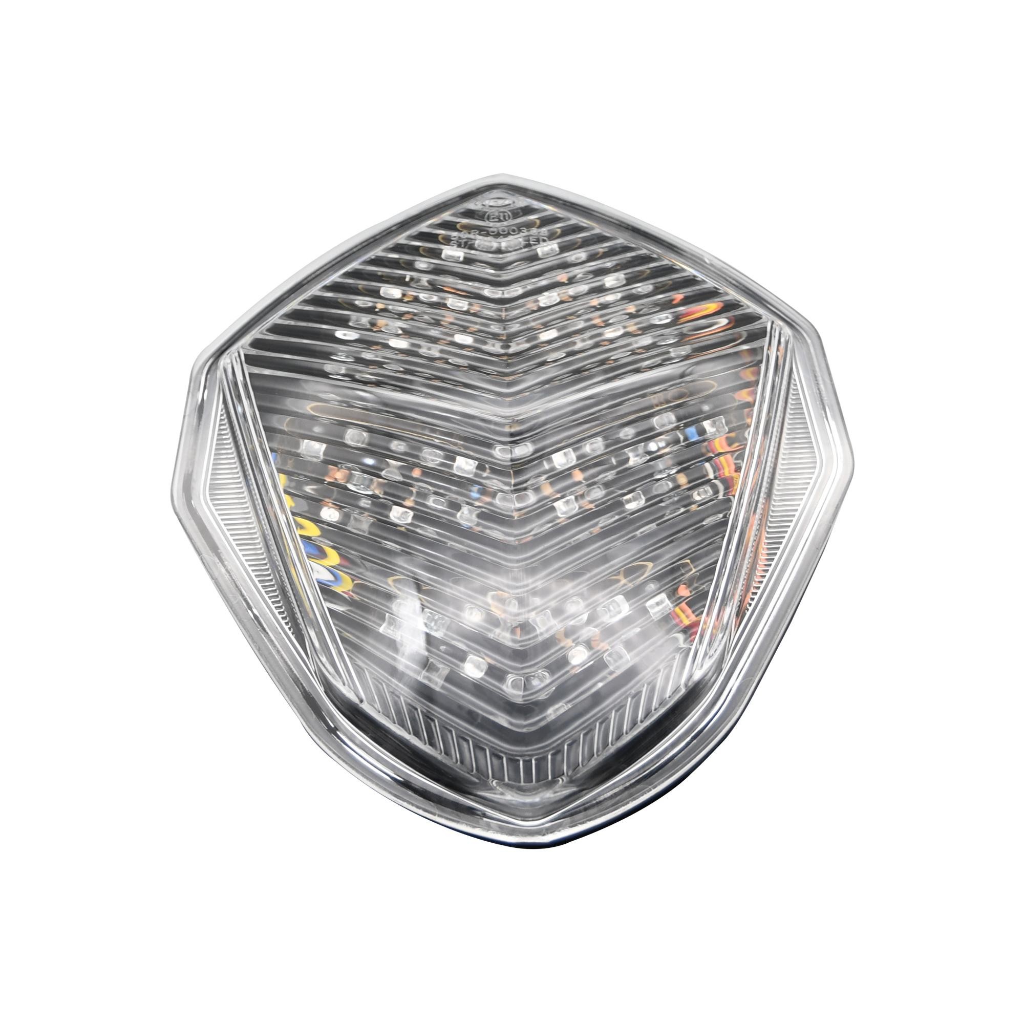 LED rear tail light with a clear lens, featuring an integral indicator design, shaped like a shield, suitable for Suzuki GSX-R1000 models from 2003-04.