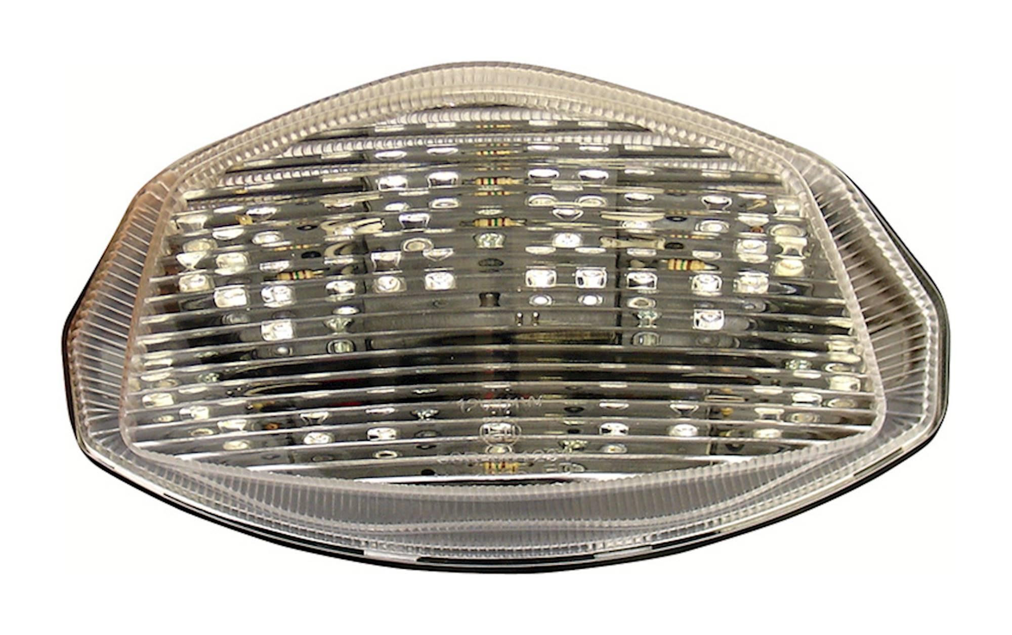 LED rear tail light with a clear lens, featuring a sleek design and integral indicators, specifically designed for Suzuki GSX-R1000 models from 2007-2008.