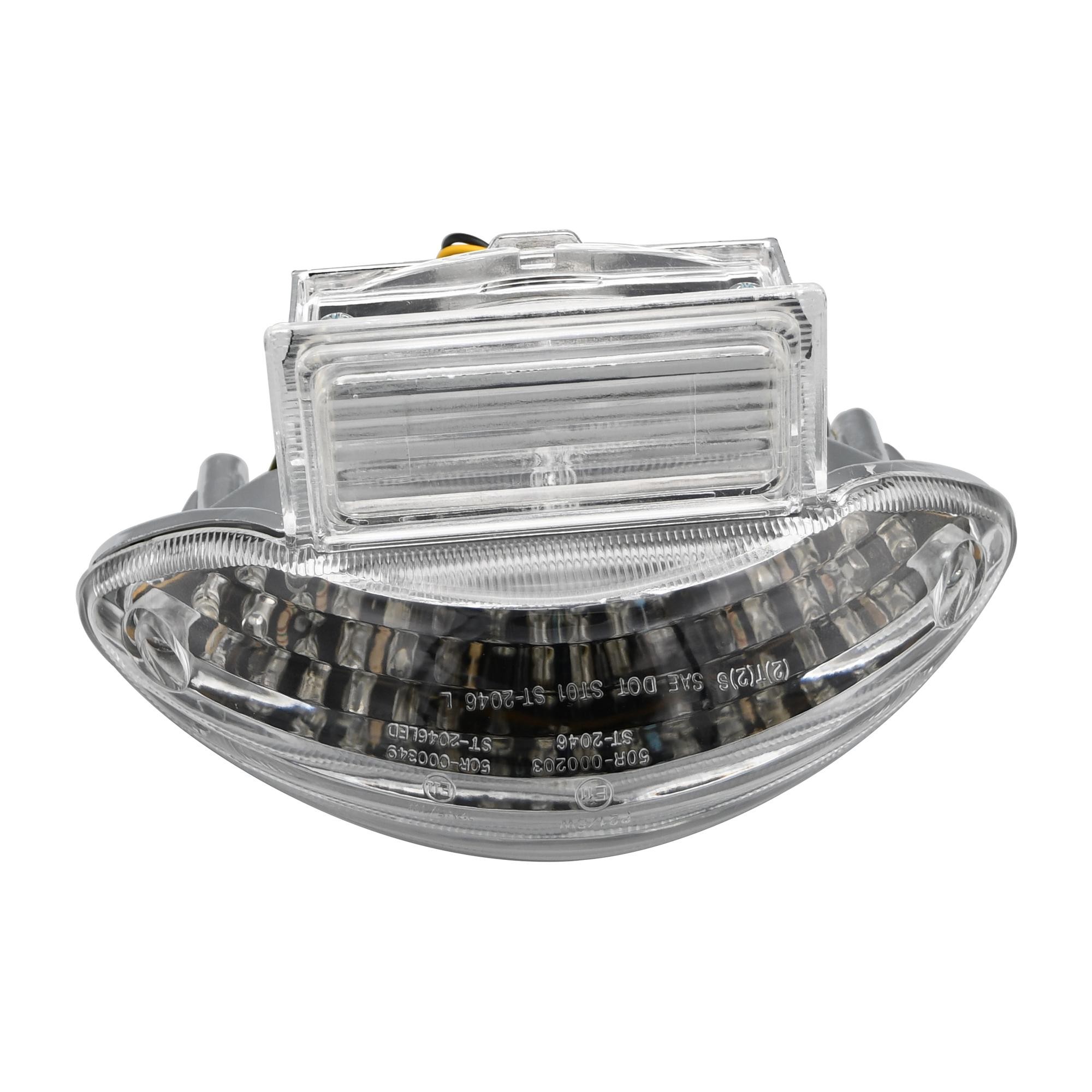 LED rear tail light with a clear lens, featuring integral indicators, designed for Suzuki GSX1300R Hayabusa models from 1999 to 2007, showcasing a sleek, modern shape.