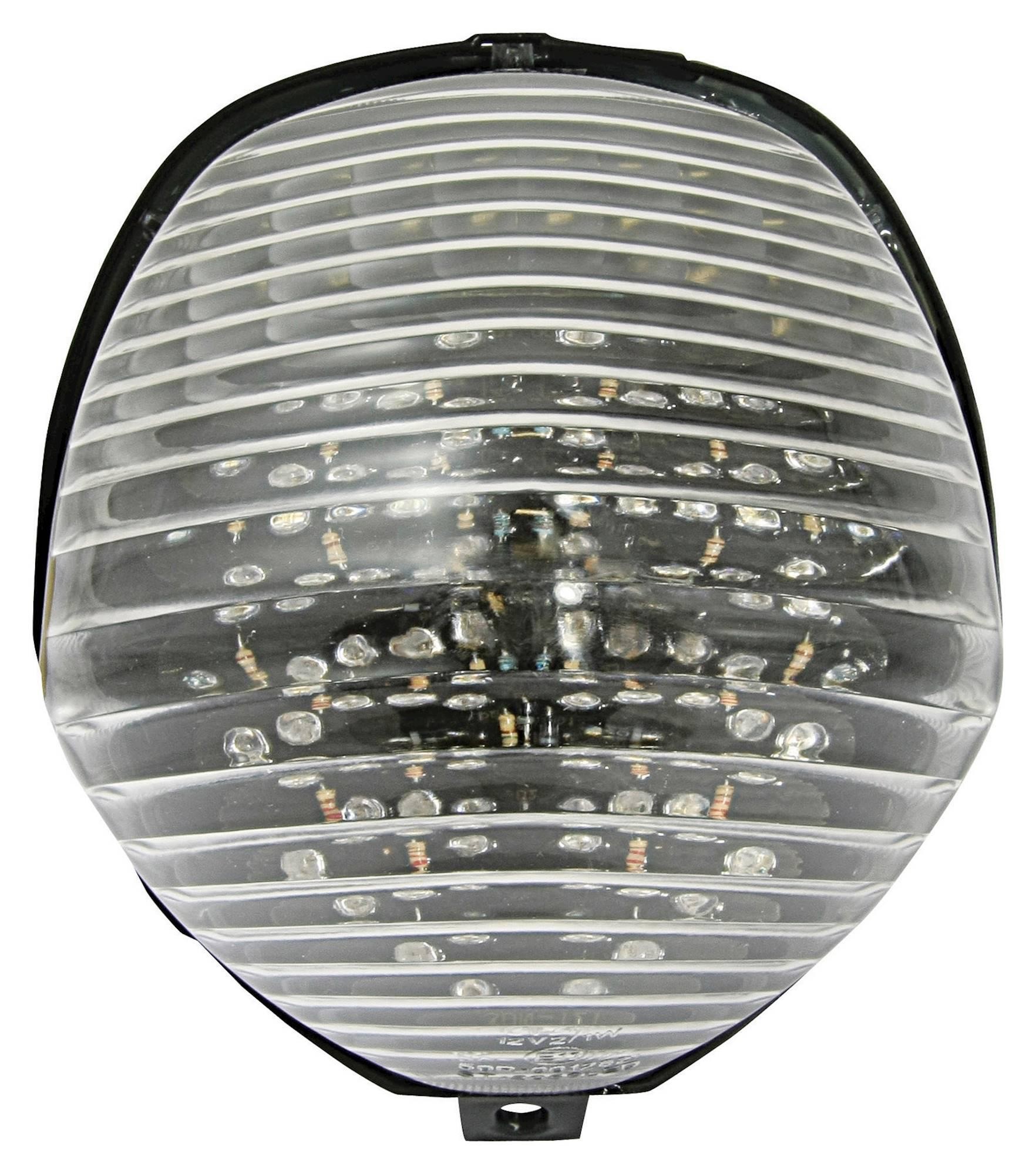 LED rear tail light with a clear lens featuring integral indicators, designed for Suzuki GSX600F models from 1998 to 2001, showcasing a sleek, modern design and multiple LED bulbs.