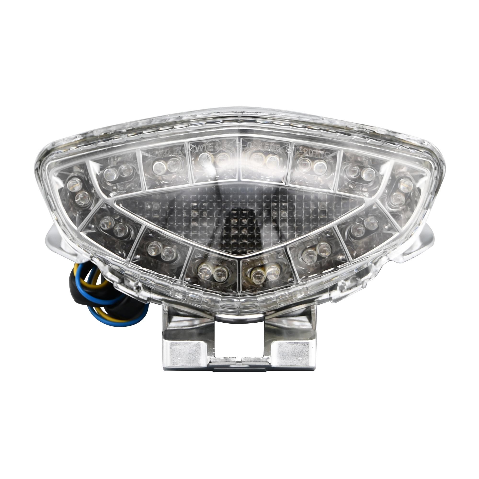 LED rear tail light with a clear lens, featuring integral indicators, designed for Suzuki SFV650 Gladius 2009-15, showcasing a sleek, modern shape and multiple bright LED lights.