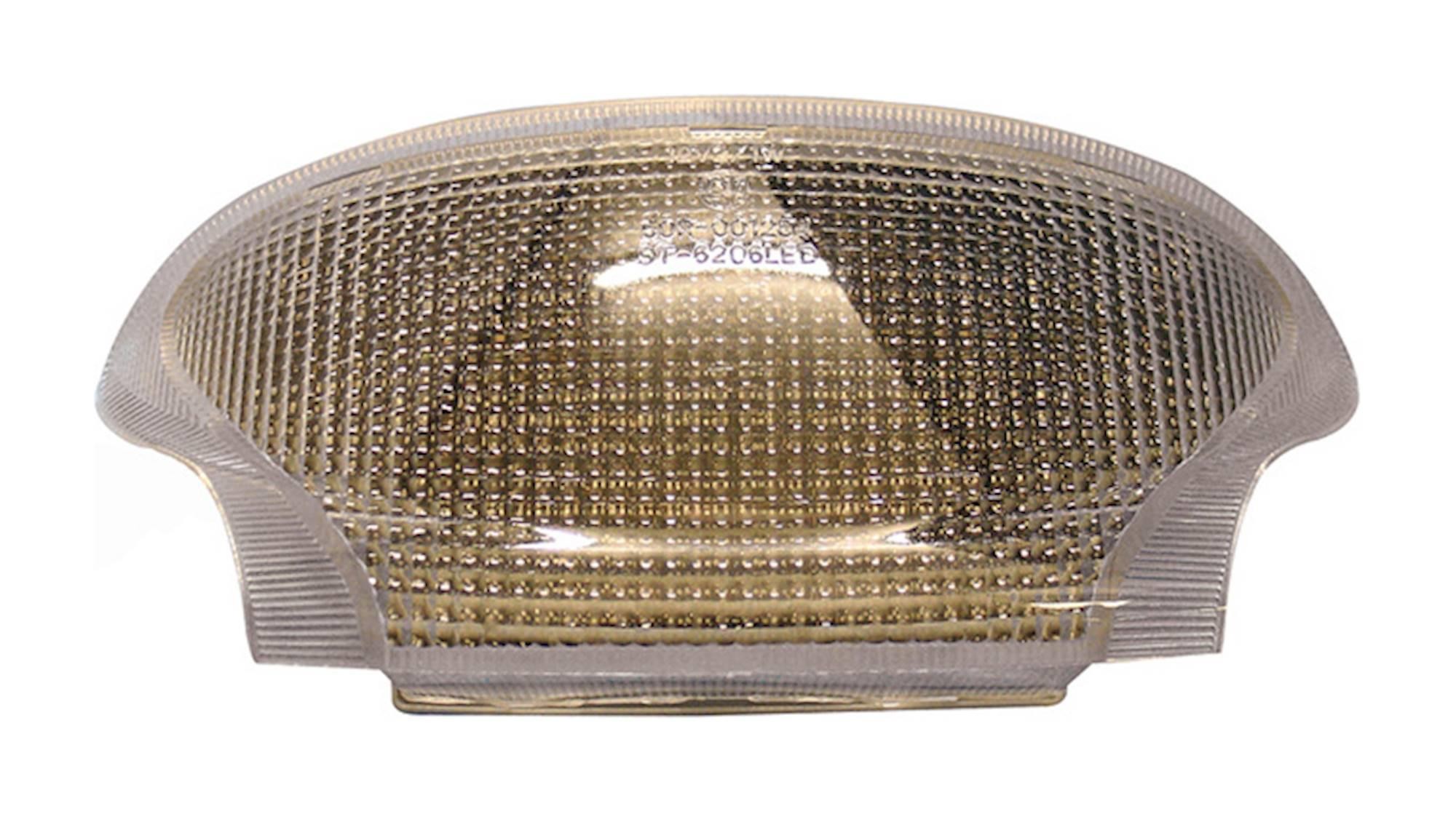 Clear LED rear tail light with integral indicators, featuring a textured lens and a sleek design, specifically designed for Triumph Daytona 955i models from 2000-01.