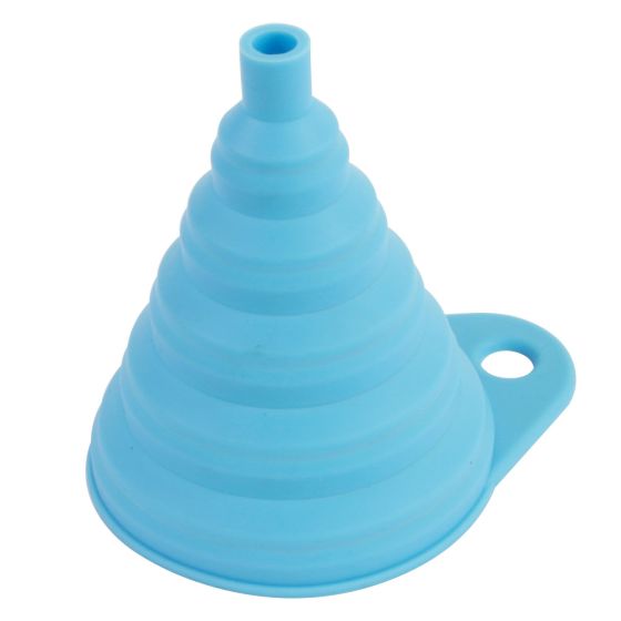 Blue silicone funnel with a conical shape, featuring a wide base, a narrow spout, and a side handle for easy pouring and storage.