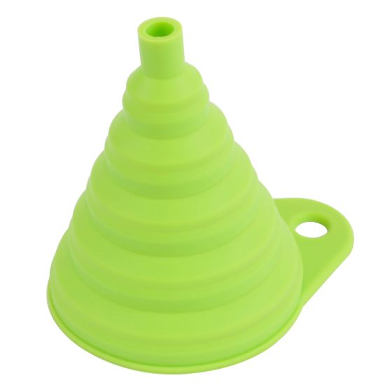 Bright green silicone funnel with a conical shape, featuring ridges and a side handle for easy pouring and storage.