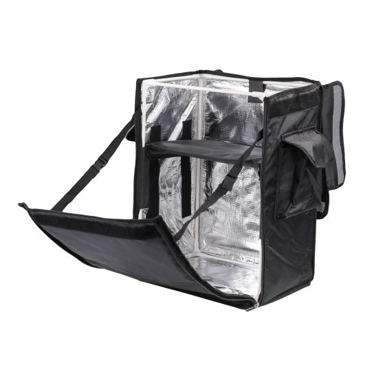 Black thermal backpack designed for food delivery, featuring a spacious interior with reflective insulation, adjustable straps, and a large front opening for easy access.