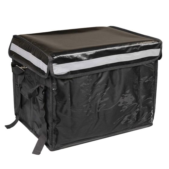 Black insulated thermo-box with a reflective strip on the lid, featuring a durable exterior, side handles, and a fitting kit, designed for bike transport with a capacity of 62 litres.
