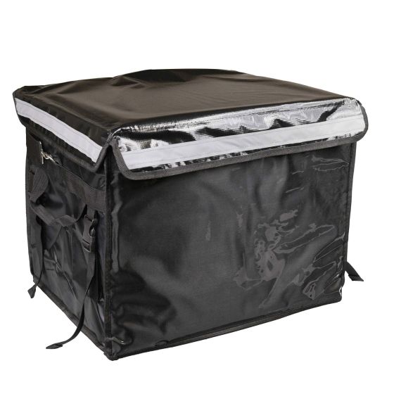 Black 80-litre thermo box by Bike-It, featuring a durable exterior, insulated lining, zippered top, and side handles for easy transport.