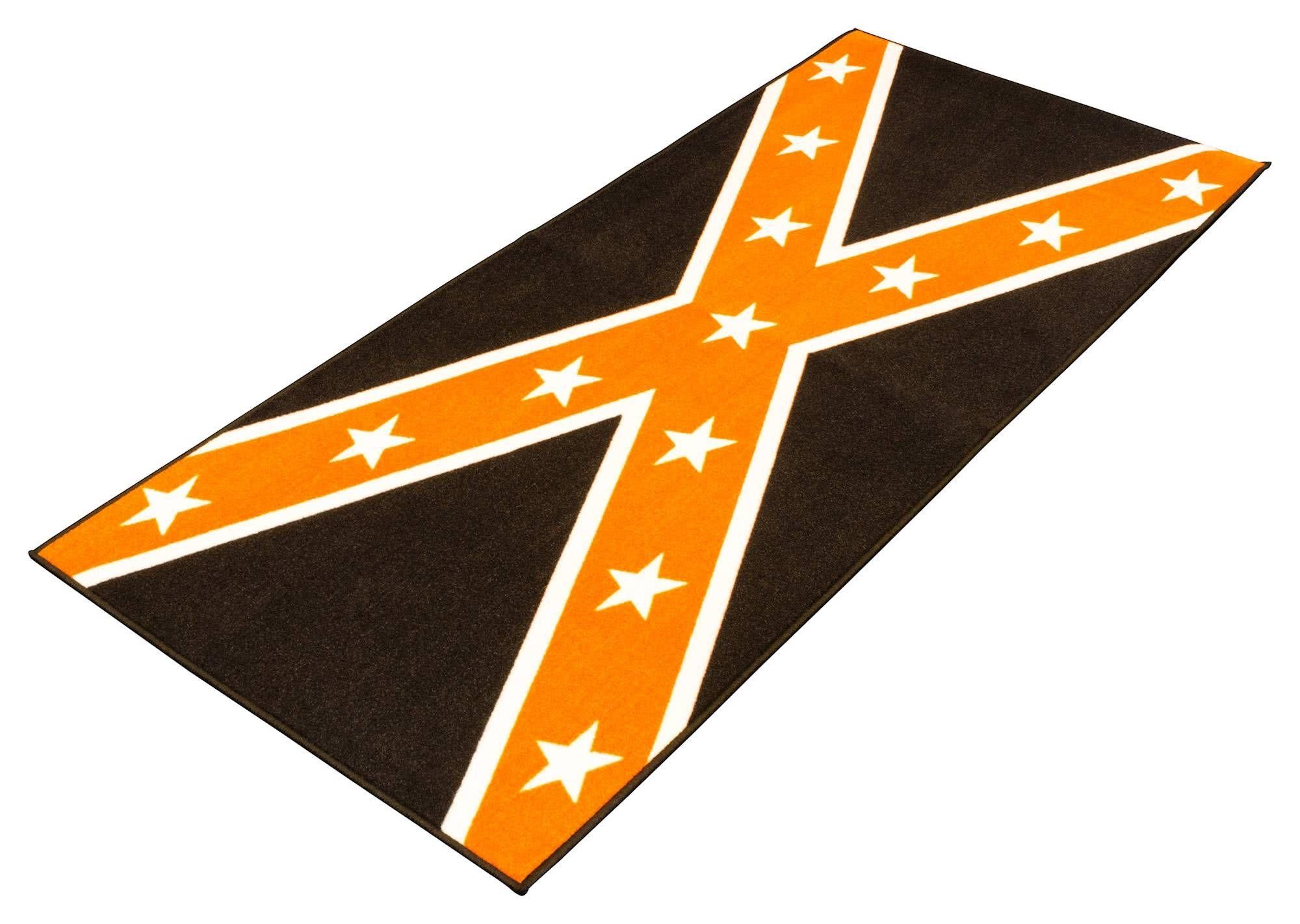 Black garage mat featuring an orange and white star-patterned design with a bold X shape, measuring 190 x 80 cm, made from durable material suitable for bike maintenance.