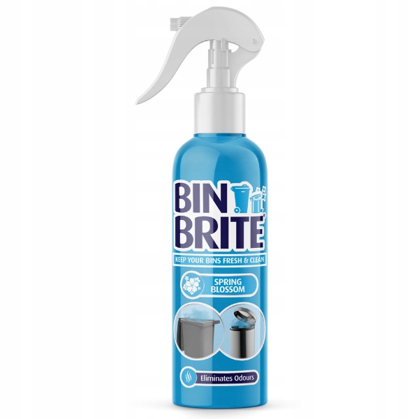 A 400ml spray bottle of Bin Brite Spring Blossom Bin Cleaner, featuring a blue plastic body, a white trigger spray nozzle, and labels highlighting its odor-eliminating properties.