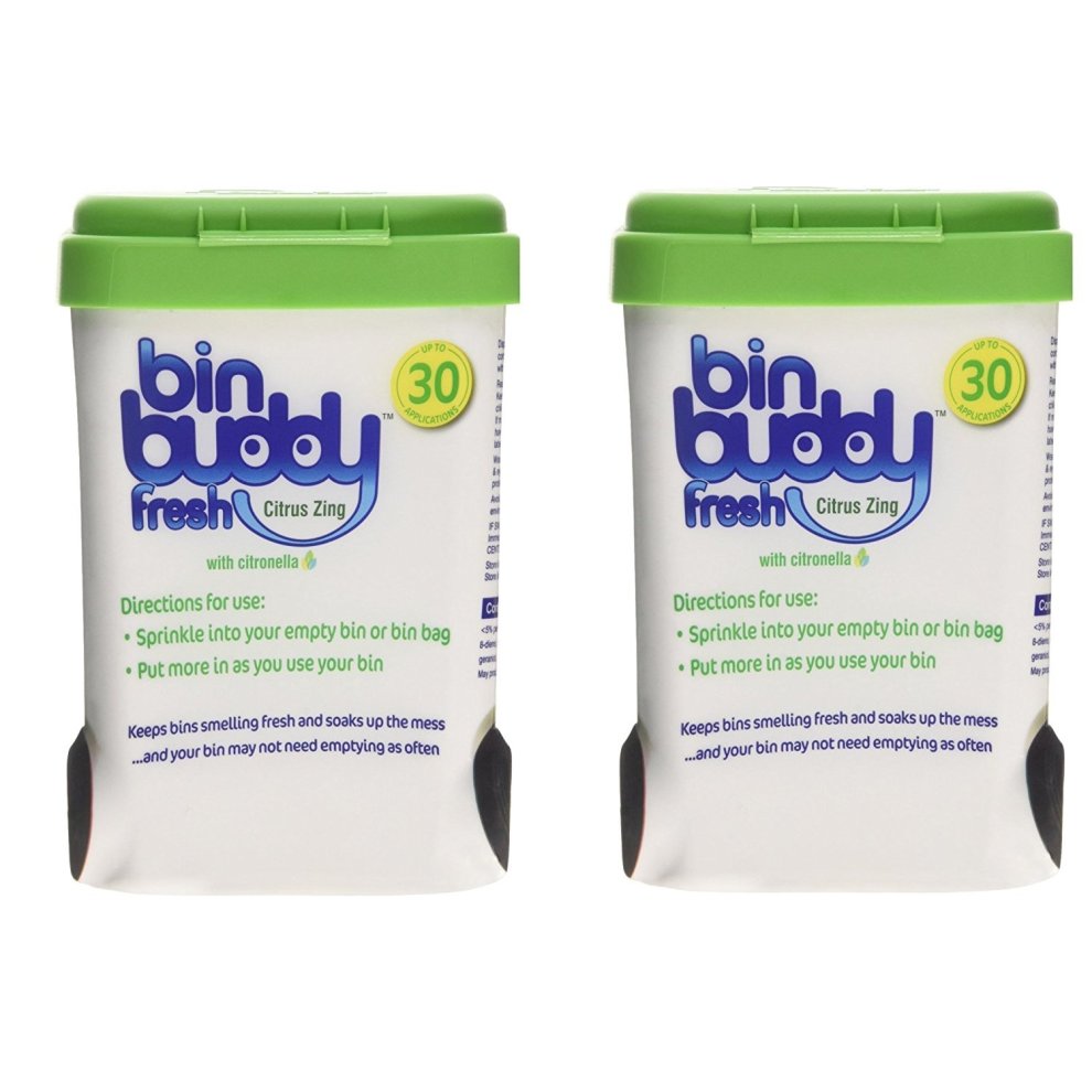 Two green-lidded containers of Bin Buddy Fresh Citrus Zing, 450g each, featuring a white body with blue text and instructions for use, designed to keep bins smelling fresh.
