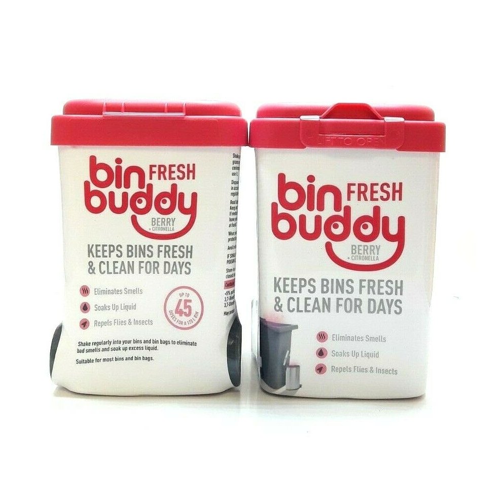 Six white containers with red lids labeled "Bin Buddy Fresh Berry Blast 450g," designed to eliminate odors, repel insects, and keep bins fresh and clean.
