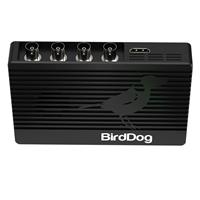 Compact black device with four input ports, featuring a textured surface and the BirdDog logo, designed for 4K video transmission at 3840 x 2160 pixels.