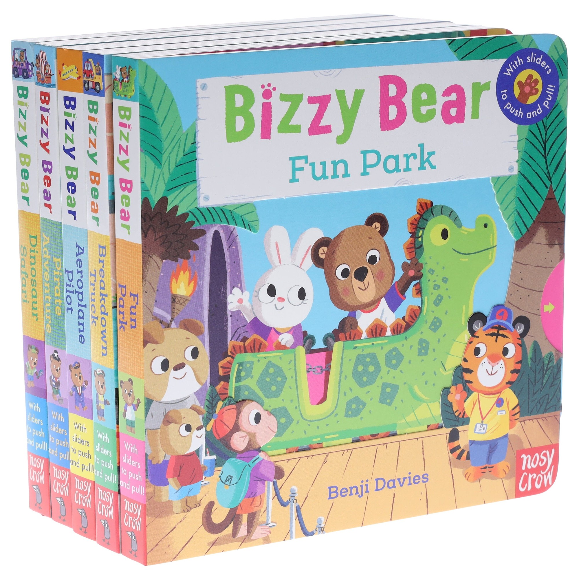 Five colorful board books from the "Bizzy Bear" series by Benji Davies, featuring playful animal characters and interactive elements, ideal for ages 0-5.