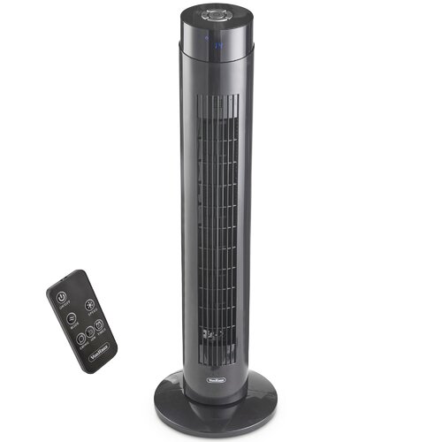 Sleek black 35" tower fan by VonHaus with a vertical design, front air vents, control panel on top, and a remote control for convenient operation.