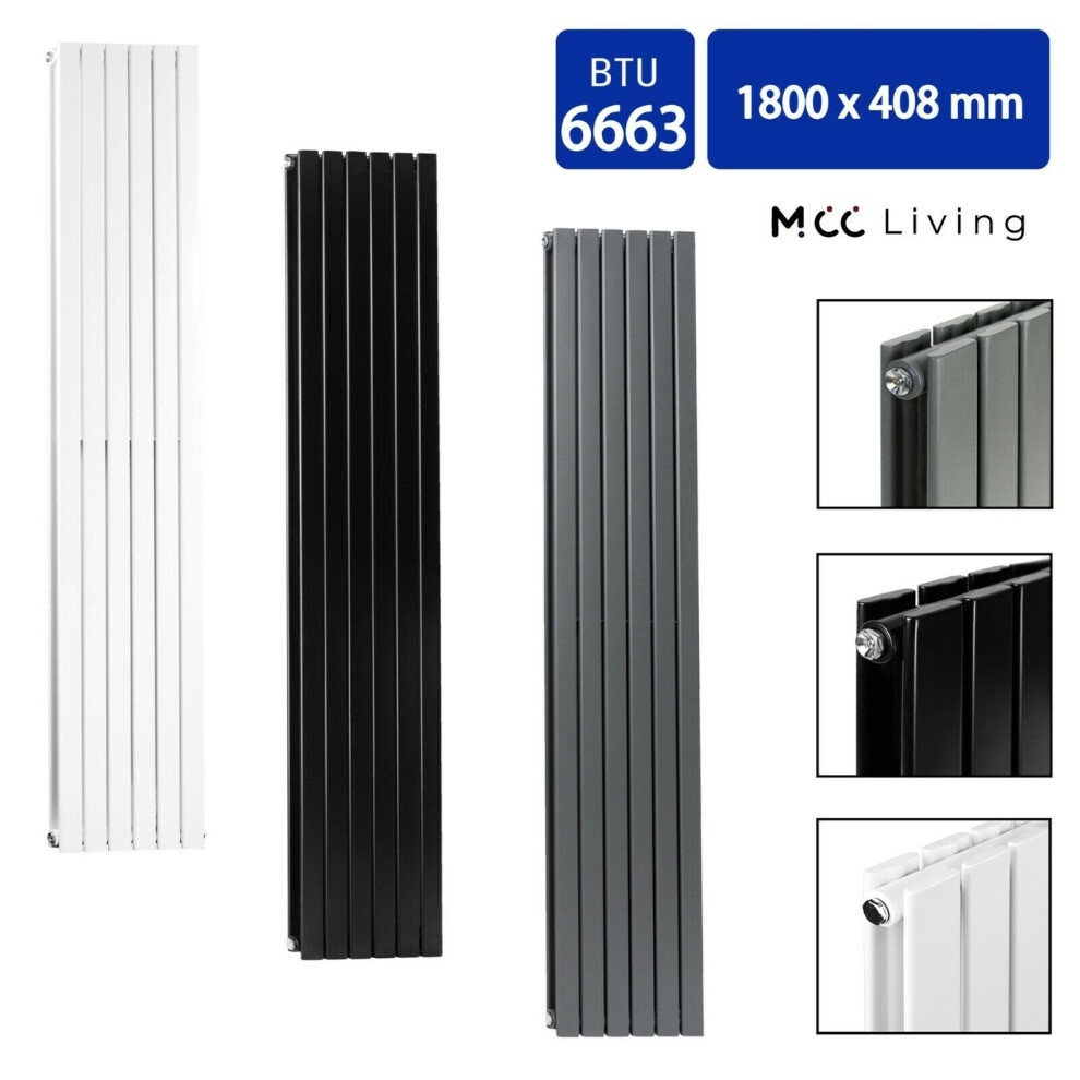 White flat panel double radiator by MCC, measuring 1800 x 408 mm, features a sleek design with vertical fins and a modern finish, ideal for contemporary interiors.