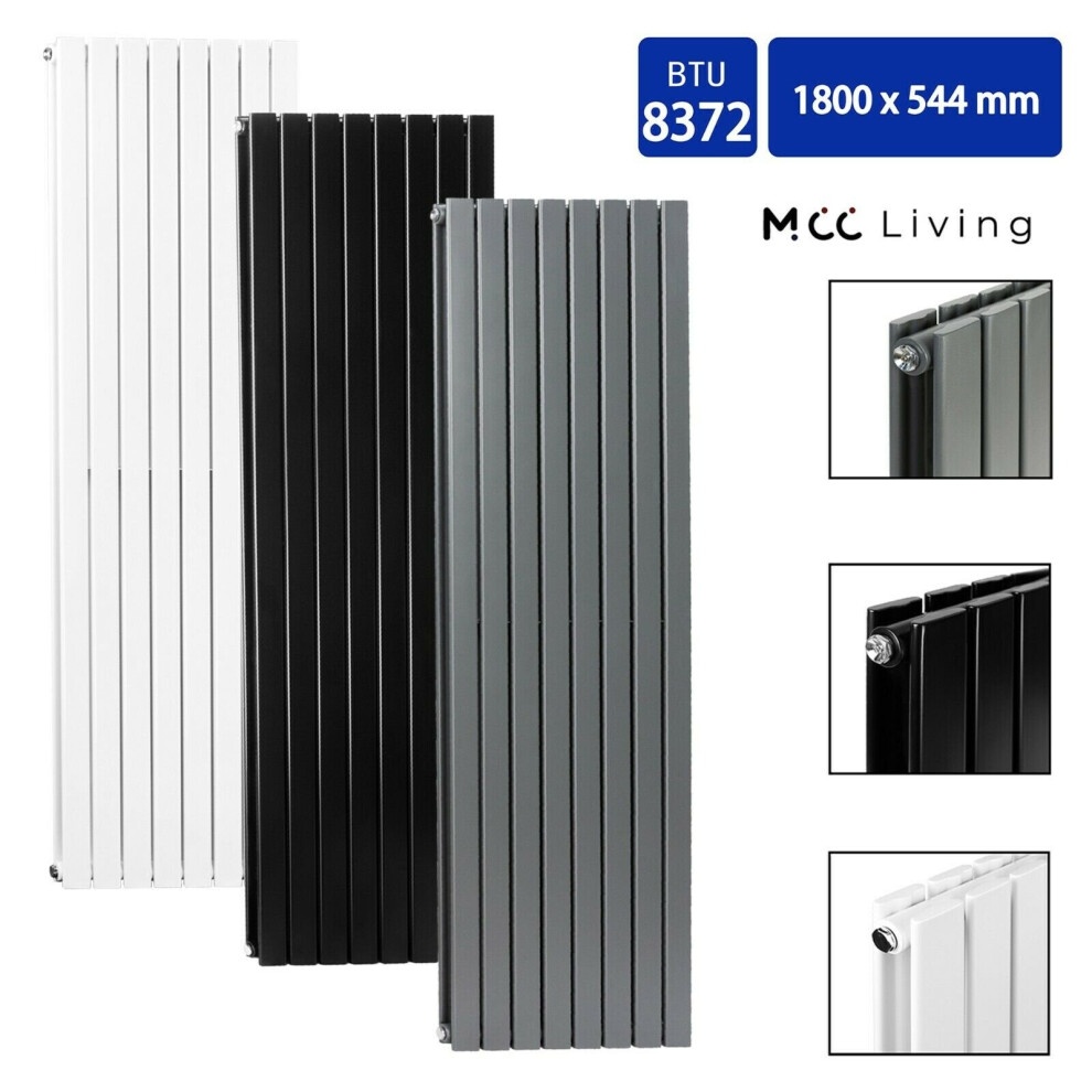 MCC Designer Flat Panel Double Radiator in white, measuring 1800 x 544 mm, featuring a sleek, modern design with vertical slats and a polished finish.