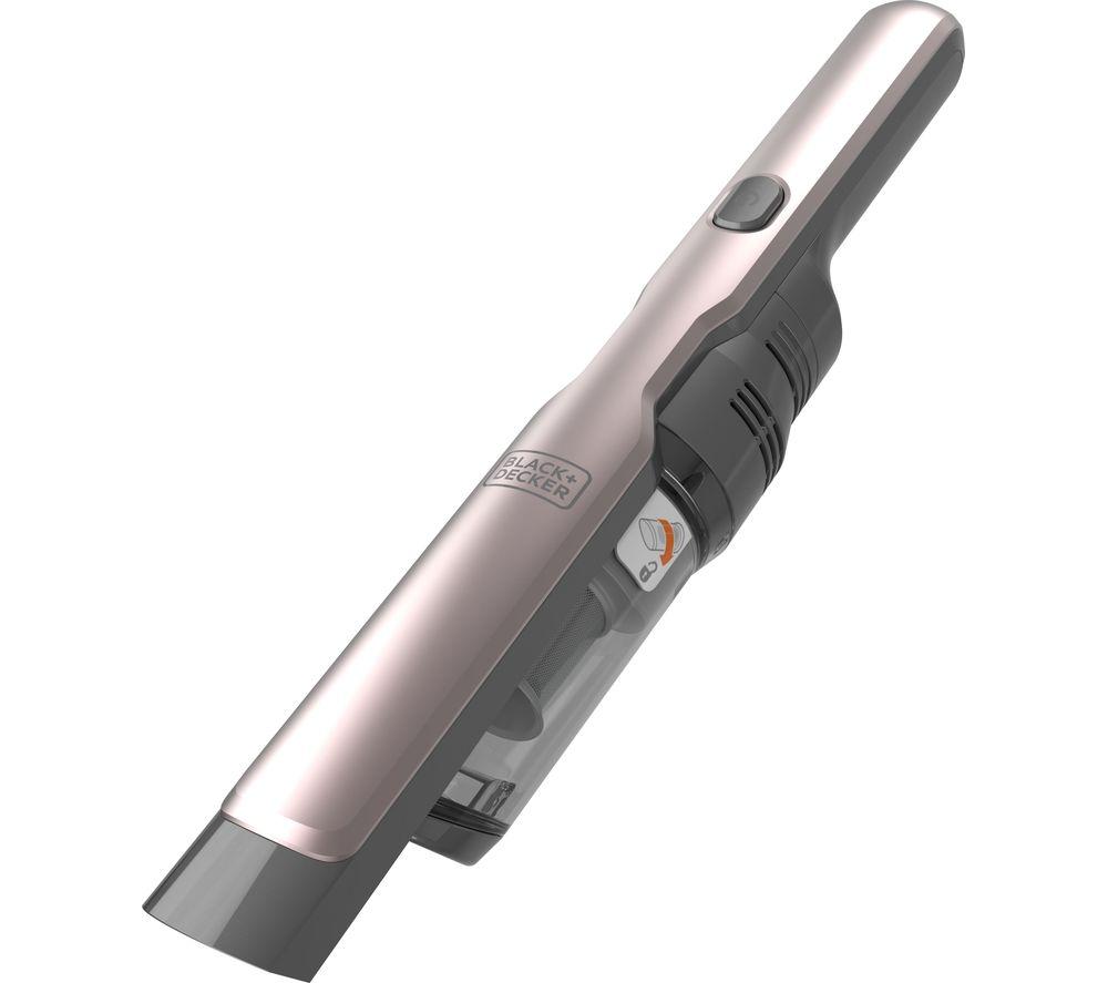 Black & Decker 10.8V brushless hand vacuum in rose gold and gold, featuring a sleek design, transparent dust container, and a power button on the handle.