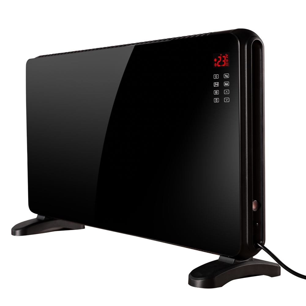 Black + Decker 2KW Smart Glass Panel Heater features a sleek black glass design, digital display with temperature settings, and sturdy black legs for support.