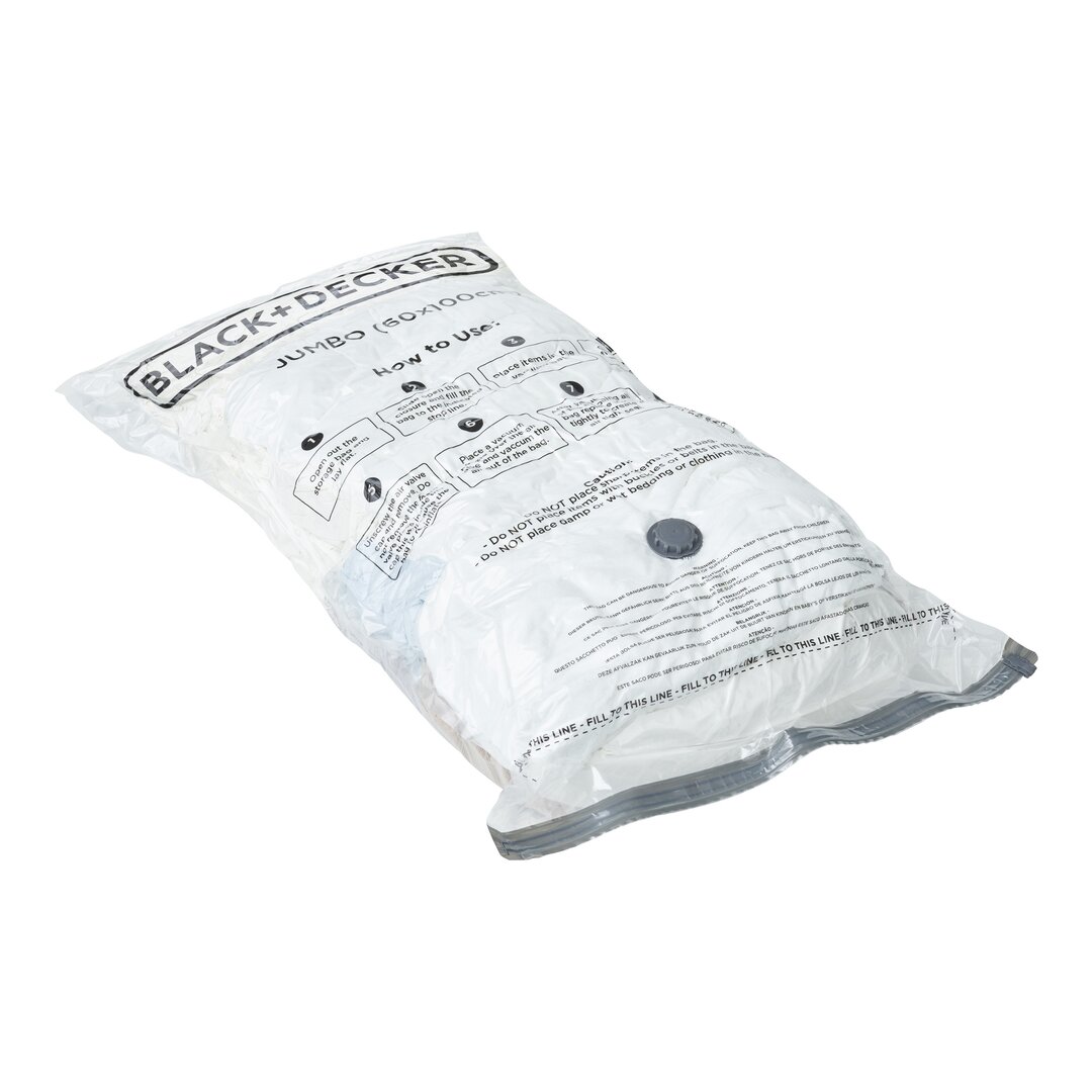 Three extra-large vacuum bags in a clear plastic packaging, labeled "Black + Decker," featuring instructions and a black button closure.