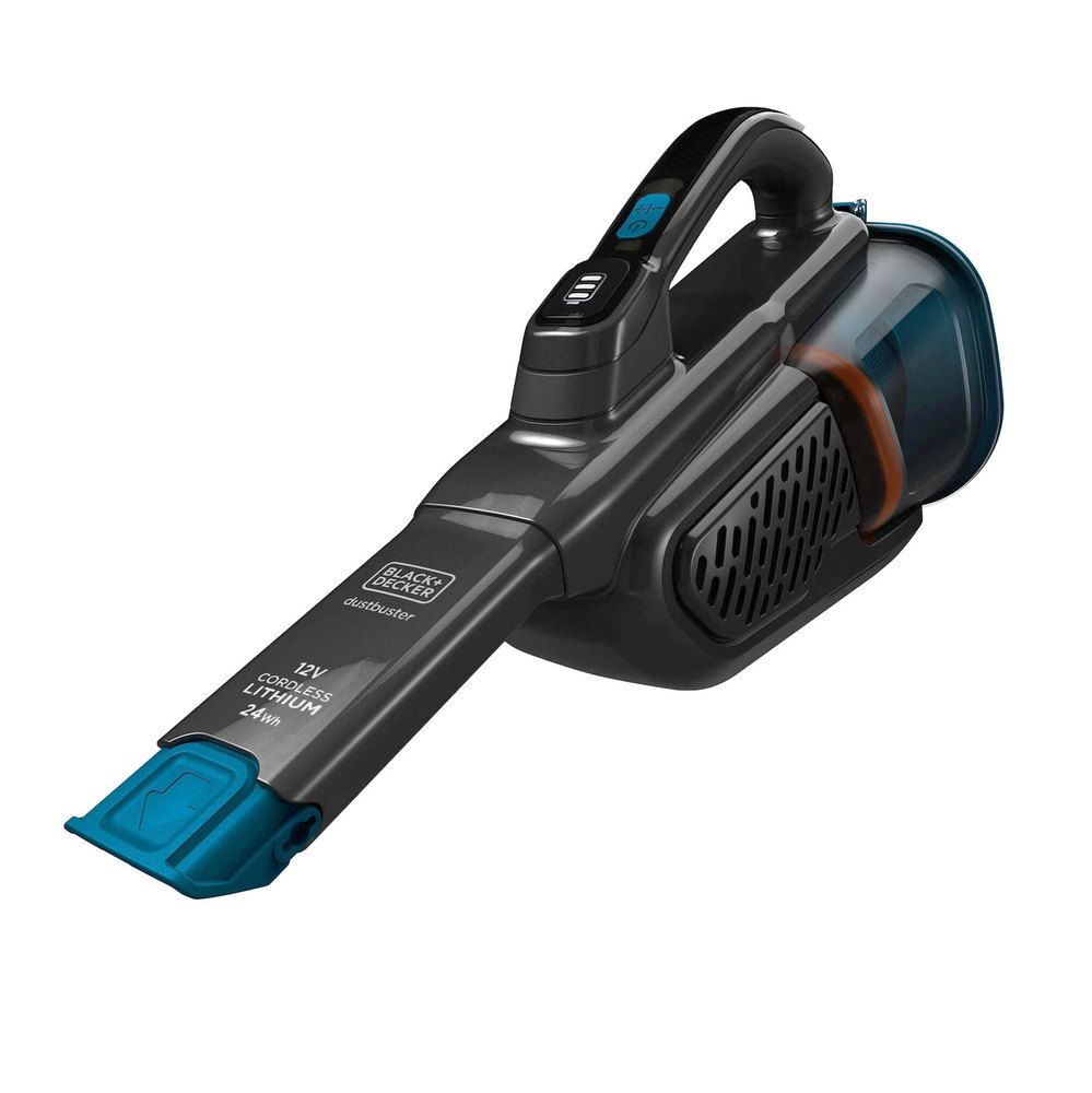 Cordless Black & Decker BHHV320B-GB vacuum cleaner in black and teal, featuring a transparent dust container, ergonomic handle, and control buttons on the top.