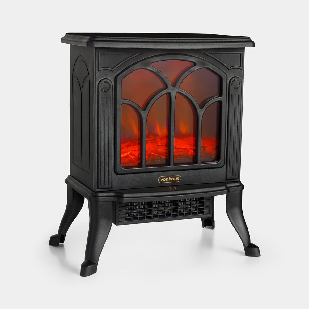 Black electric stove heater with a classic design, featuring a glass front with a flame effect, decorative arches, and sturdy legs for stability.