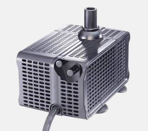 Black plastic water feature pump with a grid design, featuring an adjustable flow control, auto shut-off sensor, and three hose fitting adaptors, capable of pumping up to 650 gallons.