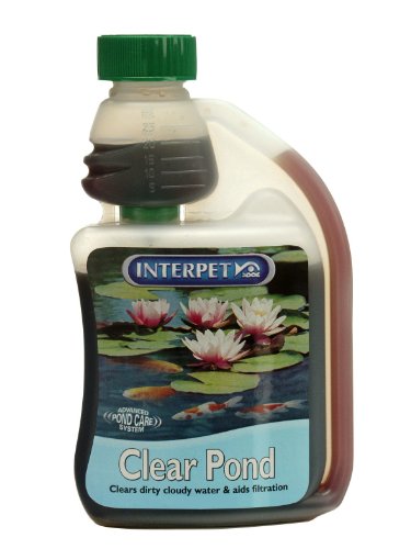 Clear Pond treatment bottle with a green cap, featuring a label with blue and white text, and an image of water lilies and koi fish, designed for pond water clarity and filtration.