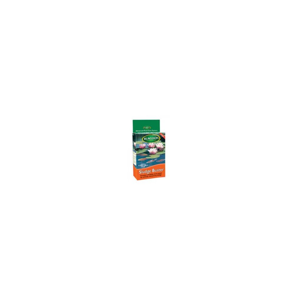 Blagdon Sludge Buster pond water treatment box featuring a green top, orange bottom, and images of water lilies, containing four 9g sachets for pond maintenance.