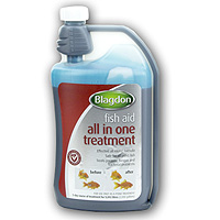 Blagdon Fish Aid All in One Treatment in a 1-litre blue and white plastic bottle with a gray cap, featuring a label that highlights its use for fish health improvement.